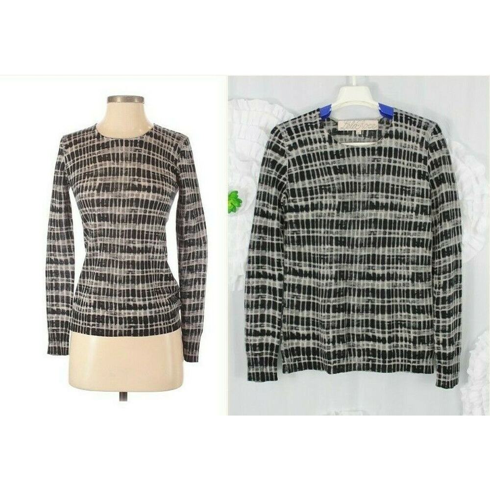 Lela Rose Wool Silk Blend Pullover Ligthweight Knit Top Black Gray Print Size XS
